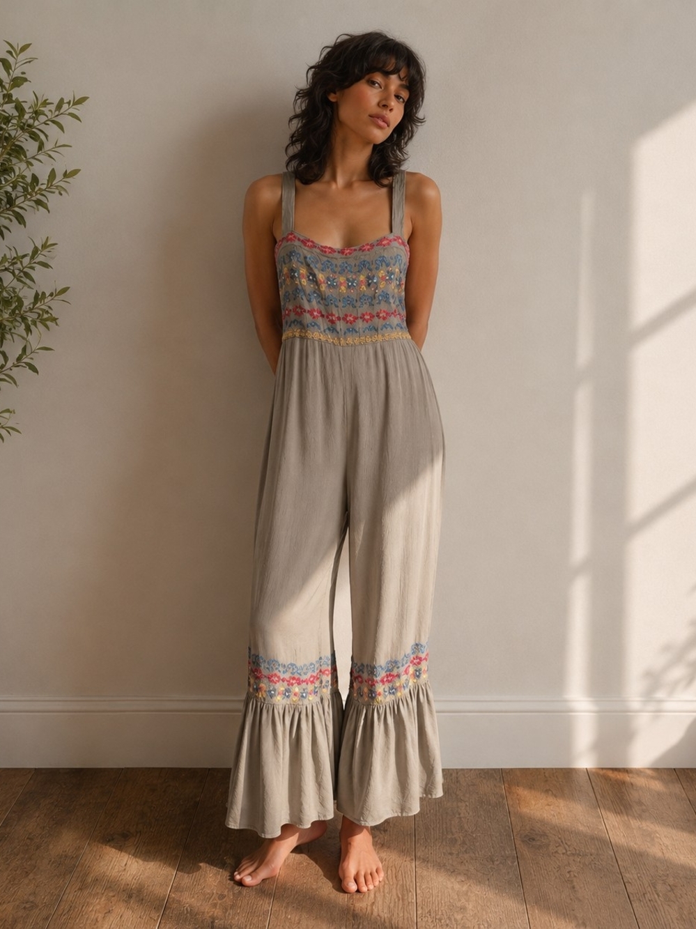Vintage 90s Green Embroidered Jumpsuit Bell Bottom Y2K Boho Sz L Goblincore